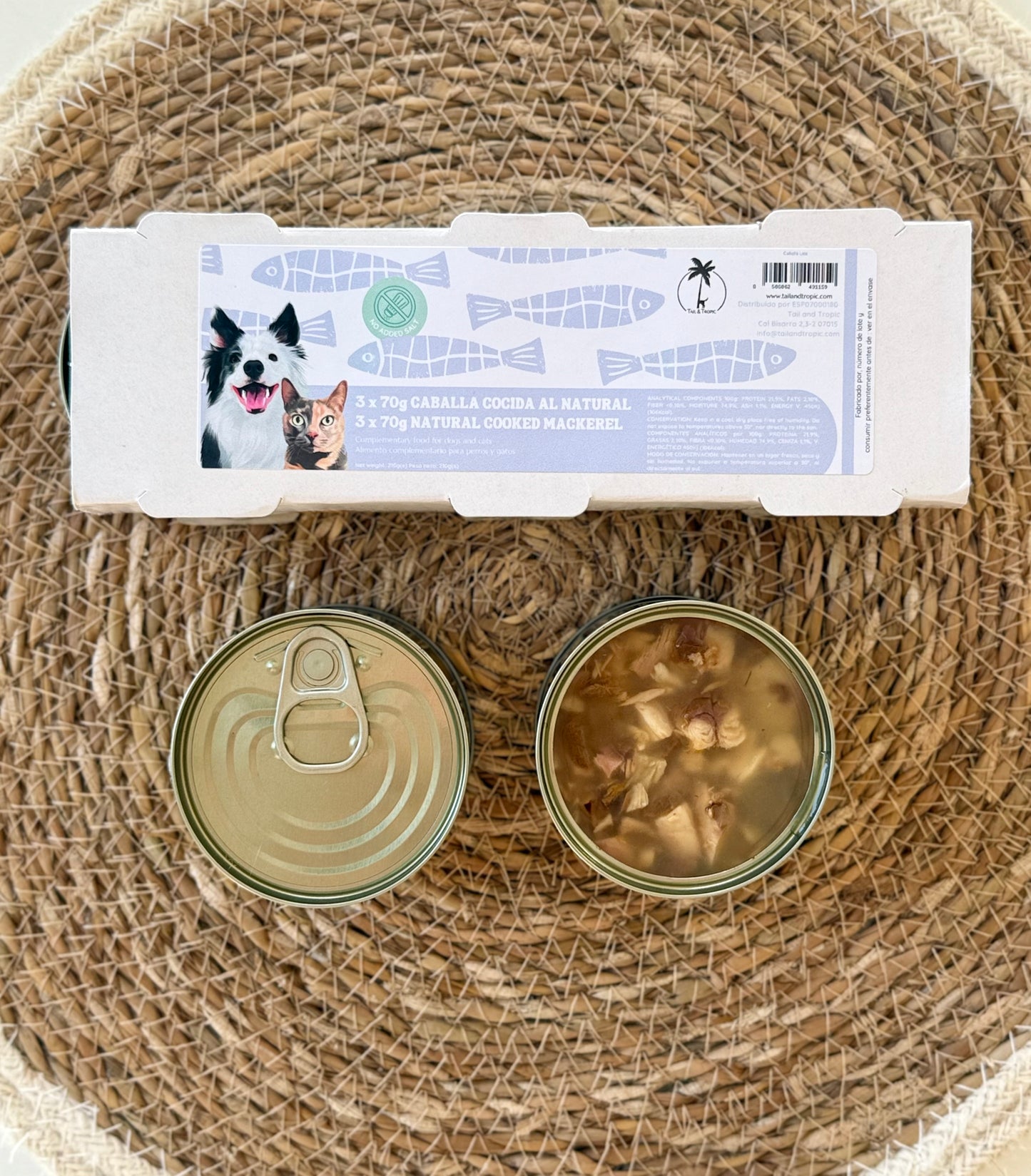 NATURAL COOKED MACKEREL TINS - 3x70g tins for dogs & cats - Tail & Tropic natural pet food