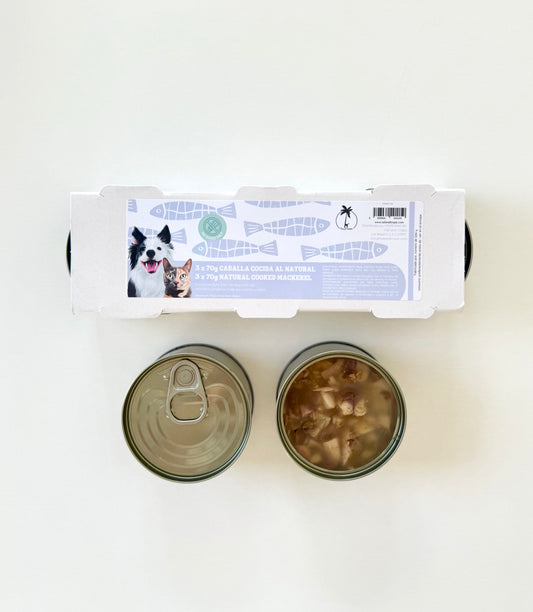NATURAL COOKED MACKEREL TINS - 3x70g tins for dogs & cats - Tail & Tropic natural pet food