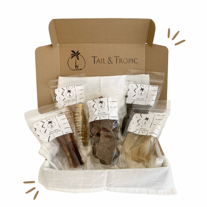 CAJA DE TERNERA - Una caja 100% natural de snacks Tail and Tropic para perros.